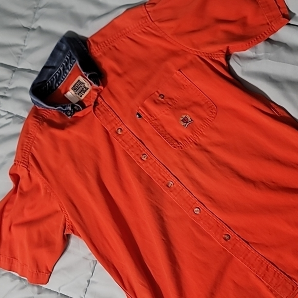 VTG Panhandle Slim Rough Stock SS Button-down Orange w/Blue Denime Men's 16‎